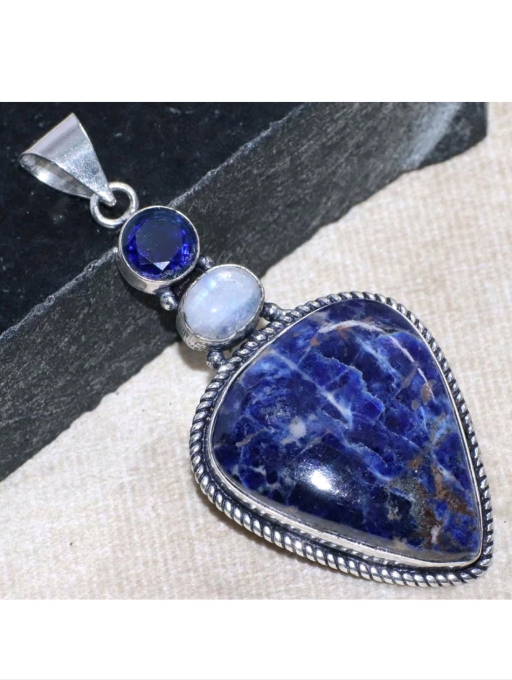 Sodalite, Rainbow Moonstone, and Blue Sapphire 925 Sterling Silver Necklace